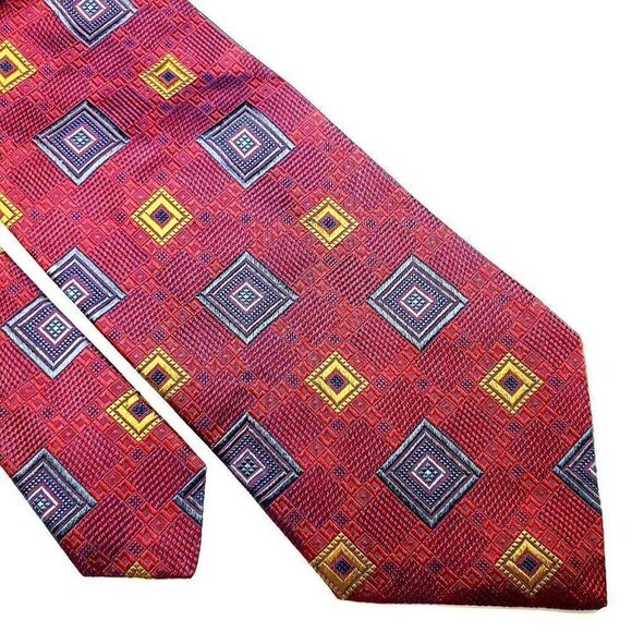 Roberto Villini Couture Silk Tie Red Woven Geometr - Picture 1 of 6